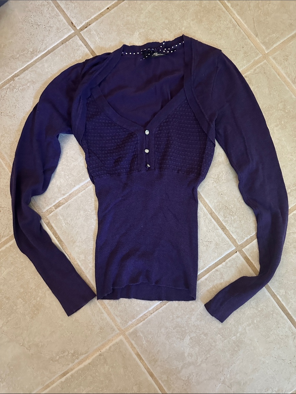Women’s Purple V-Neck Long Sleeve Knit Top with Button Placket